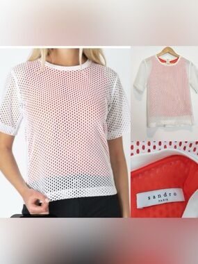 Sandro White Mesh Short-Sleeve Tee with Coral Lining